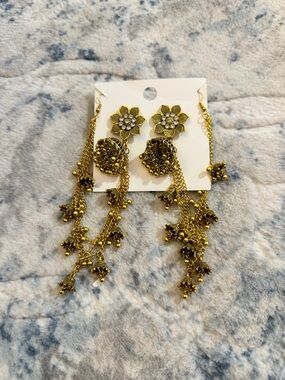 Gold Floral Dangle Earrings with Chain Tassels - Women Jewelry